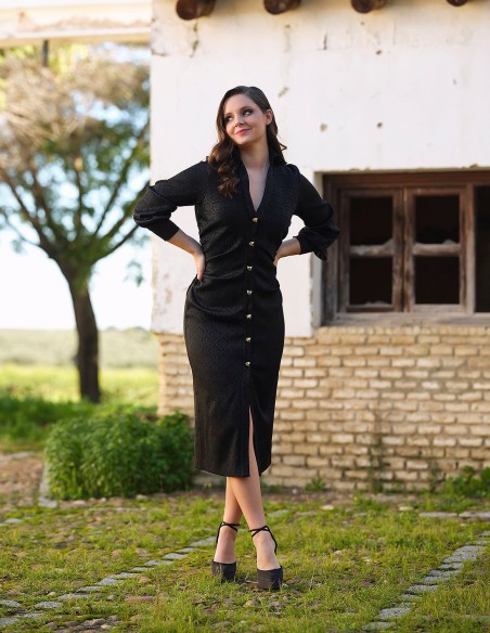 Black midi party dress with print.