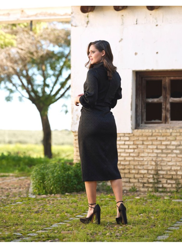 Gathered midi party dress with gold buttons.