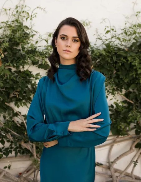 Vestido midi de fiesta petróleo con manga larga