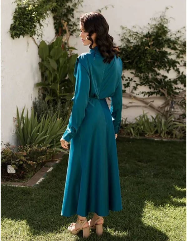 Petrol midi party dress with long sleeves 2