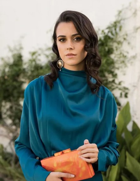 Vestido midi de fiesta petróleo con manga larga