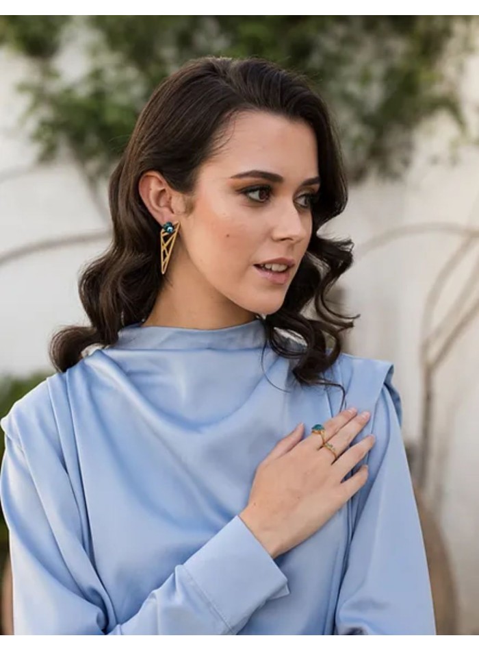 Midi satin sky blue dress with long sleeves