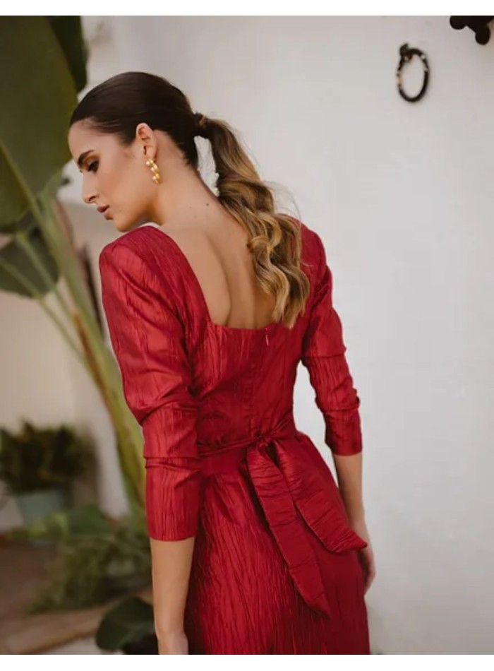 Midi party dress red satin with bow
