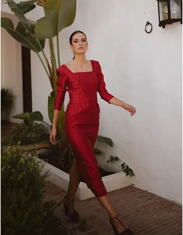 Midi party dress red satin with bow