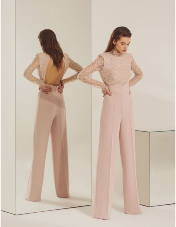 Long sleeved powder pink party jumpsuit with long sleeves