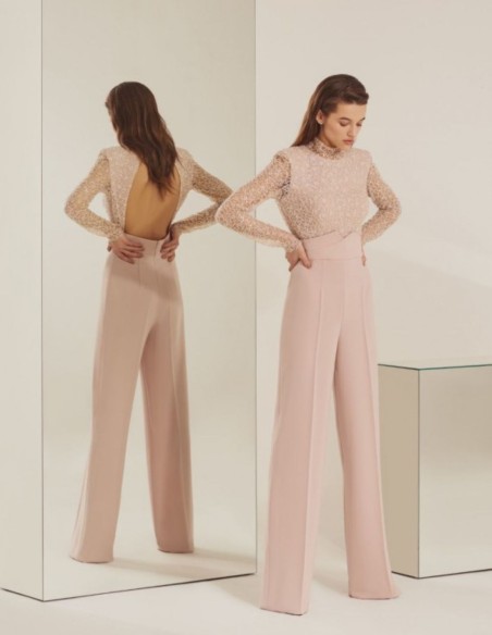 Long sleeved powder pink party jumpsuit with long sleeves