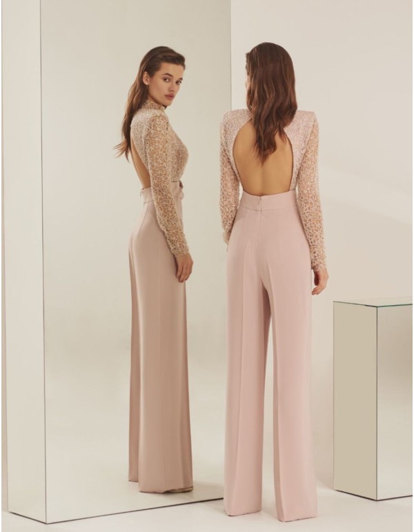 Long sleeved powder pink party jumpsuit with long sleeves 2