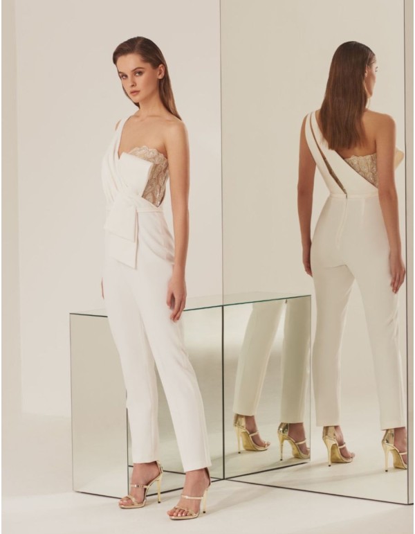 Ivory long party jumpsuit with asymmetrical neckline 2