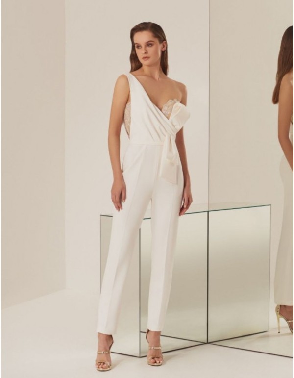 Ivory long party jumpsuit with asymmetrical neckline