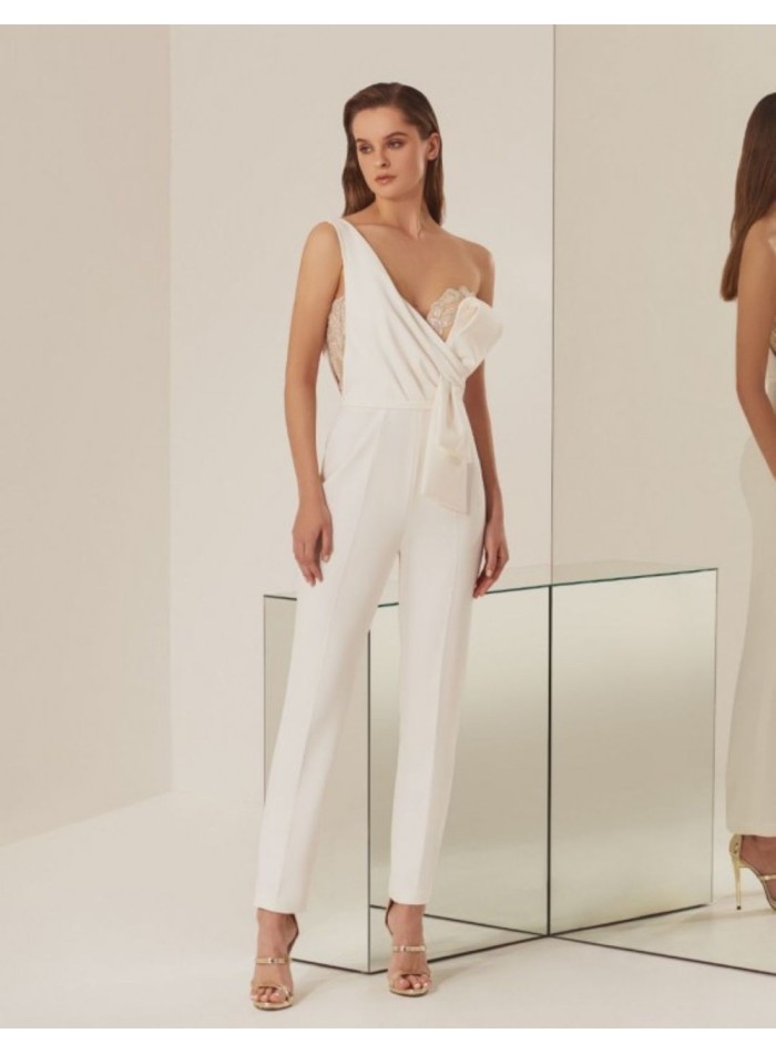 Ivory long party jumpsuit with asymmetrical neckline