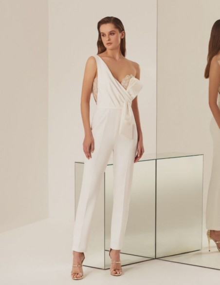 Ivory long party jumpsuit with asymmetrical neckline