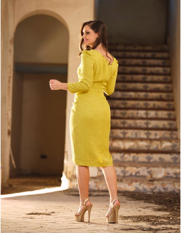 Asymmetrical party dress with puffed sleeves yellow 2