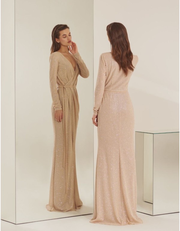 Vestido de fiesta largo cruzado con pedrería y manga larga 2