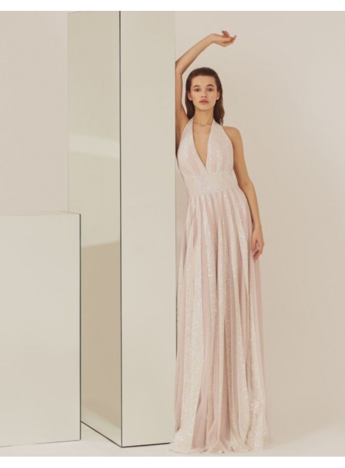 Long party dress with halter neckline and long skirt