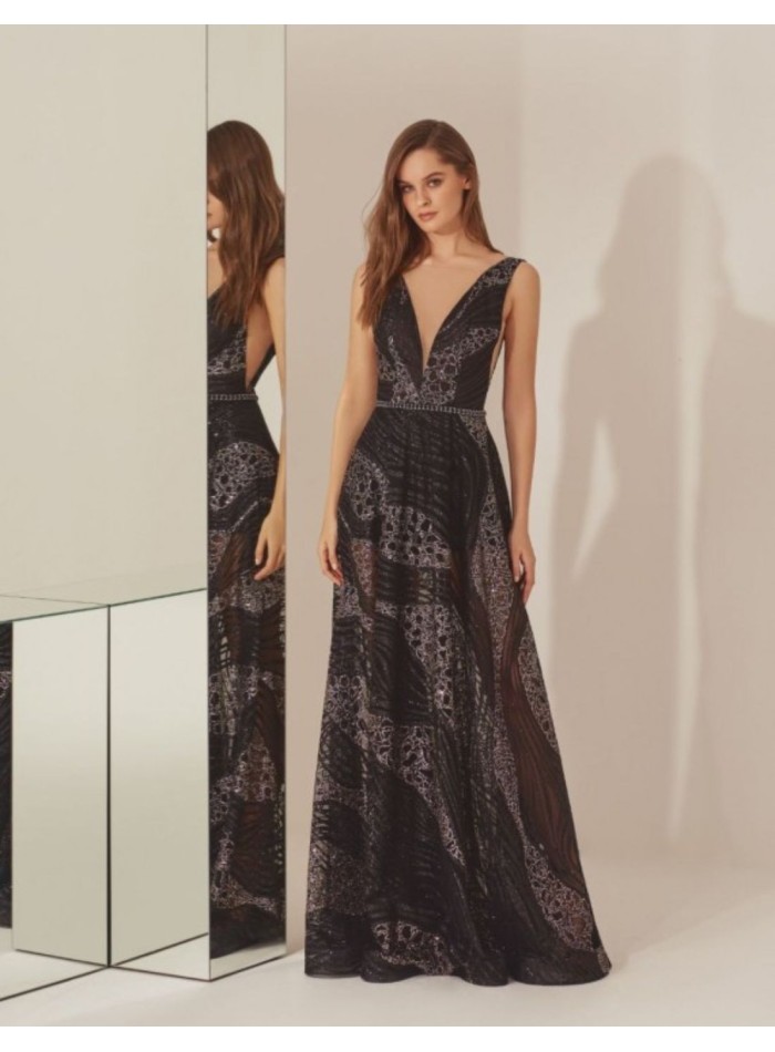 Vestido de fiesta largo negro bordado de...