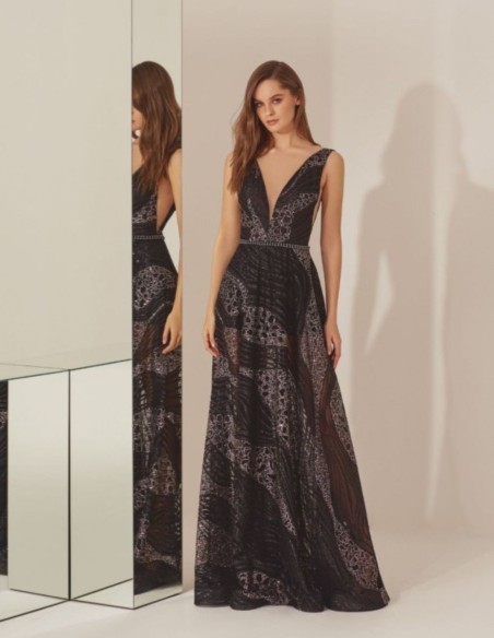 Vestido de fiesta largo negro bordado de pedrería estampado