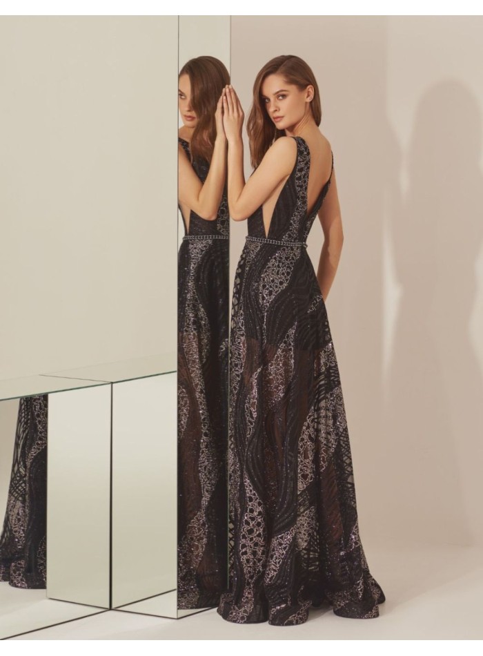 Long black party dress embroidered with rhinestones print