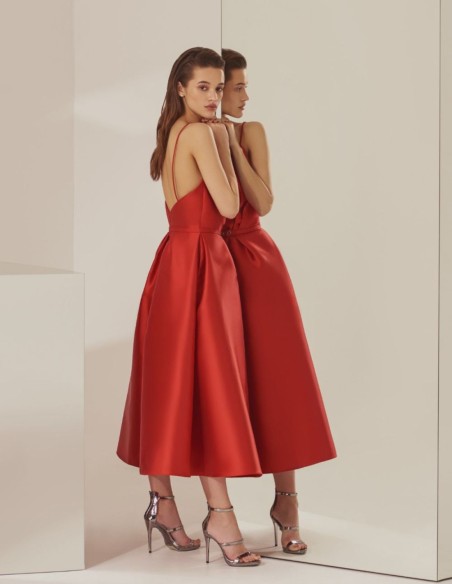 Red midi party dress with straight halter neckline and straps