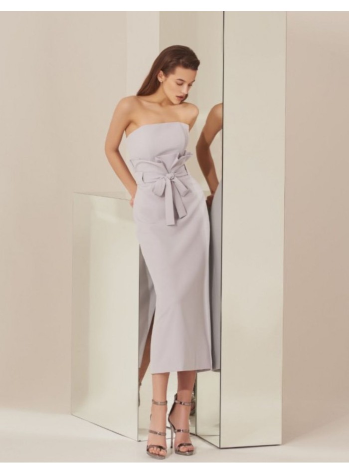 Strapless midi party dress with bow in the middle