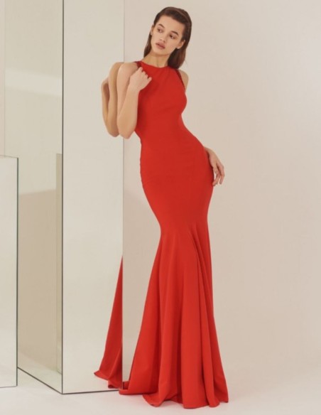 Long red party dress with mermaid cut and open back