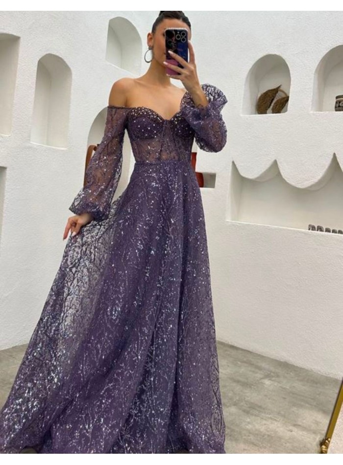 Vestido de fiesta largo de tul brillante...