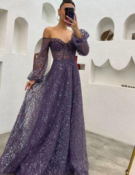 Vestido de fiesta largo de tul brillante bordado con manga globo