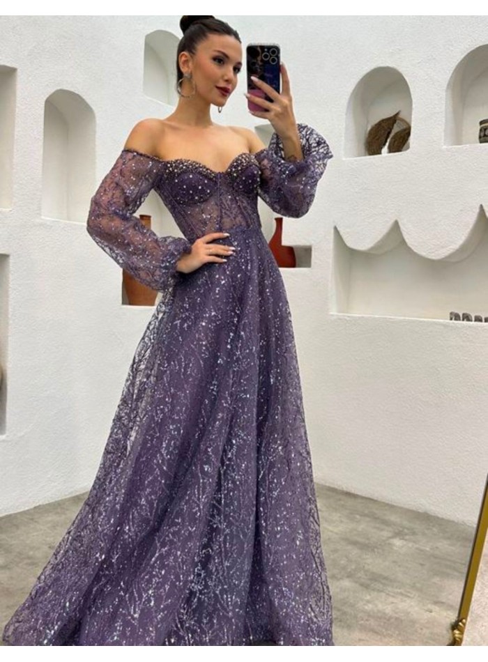 Vestido de fiesta largo de tul brillante bordado con manga globo