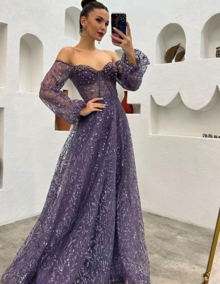 Robe longue de fête en tulle brodé brillant avec manches ballon