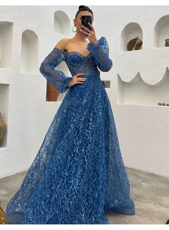 Vestido de fiesta largo de tul brillante bordado con manga globo