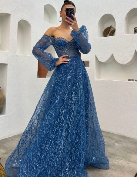 Vestido de fiesta largo de tul brillante bordado con manga globo