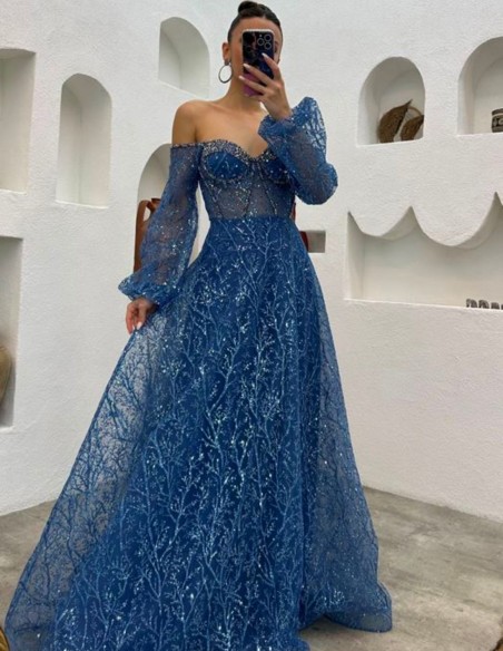 Vestido de fiesta largo de tul brillante bordado con manga globo