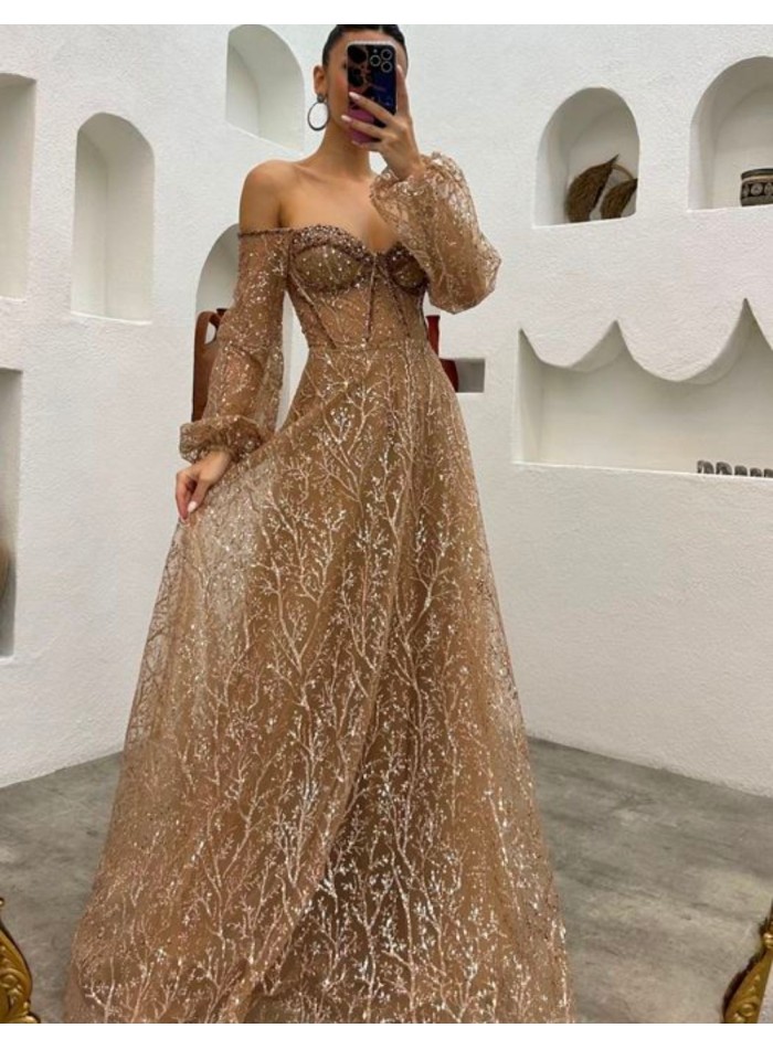 Robe longue de fête en tulle brodé brillant...