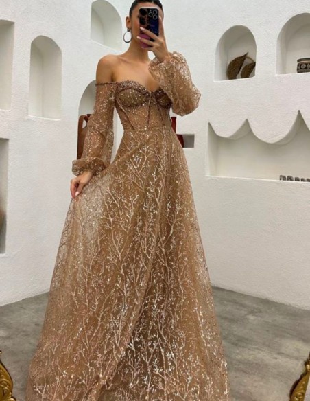 Vestido de fiesta largo de tul brillante bordado con manga globo
