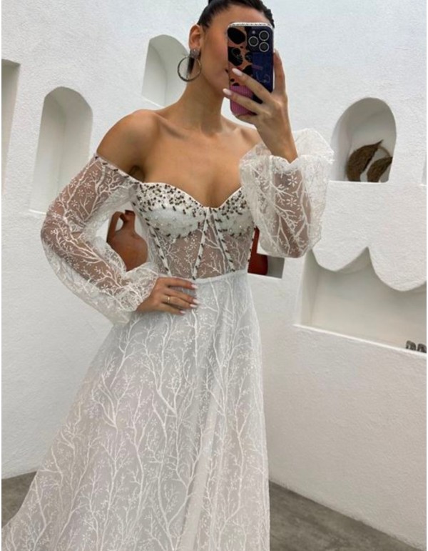 Vestido de fiesta largo de tul brillante bordado con... 2