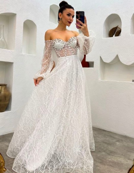 Vestido de fiesta largo de tul brillante bordado con manga globo