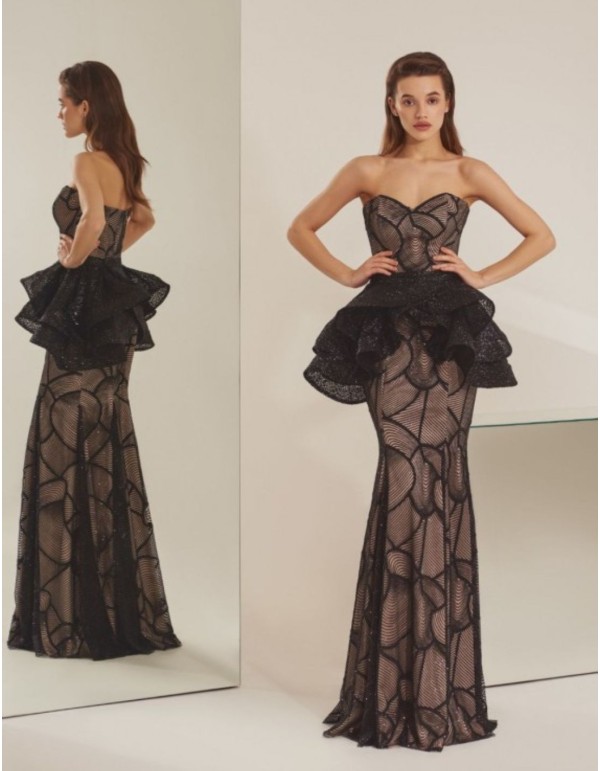 Robe longue de fête en dentelle noire avec surjupe