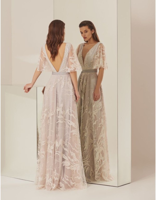 Robe longue de fête avec dentelle florale pailletée 2