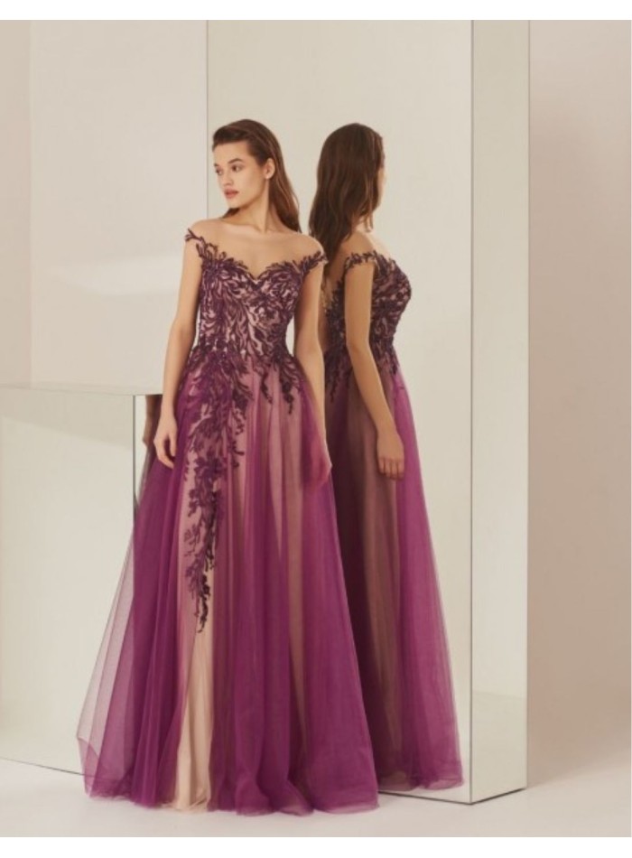Aubergine long party dress with tulle layers