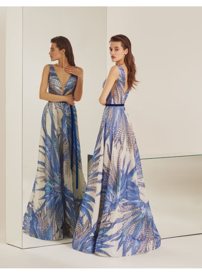 Long party dress tropical print blue sequinned dress