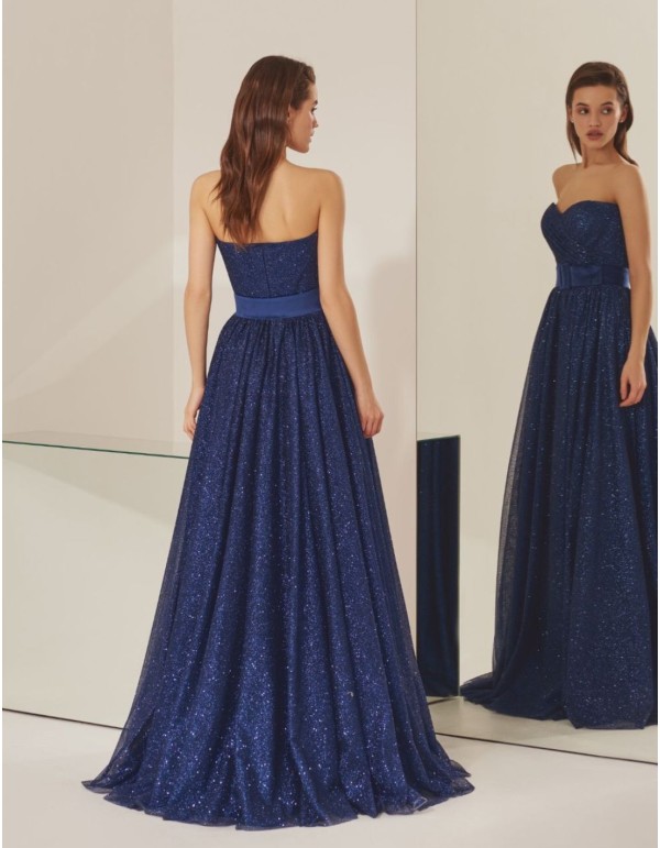 Robe longue de soirée bleue sans bretelles avec paillettes 2