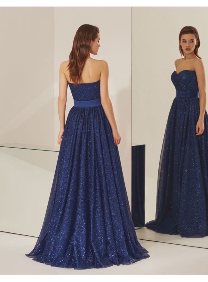 Robe longue de soirée bleue sans bretelles avec...