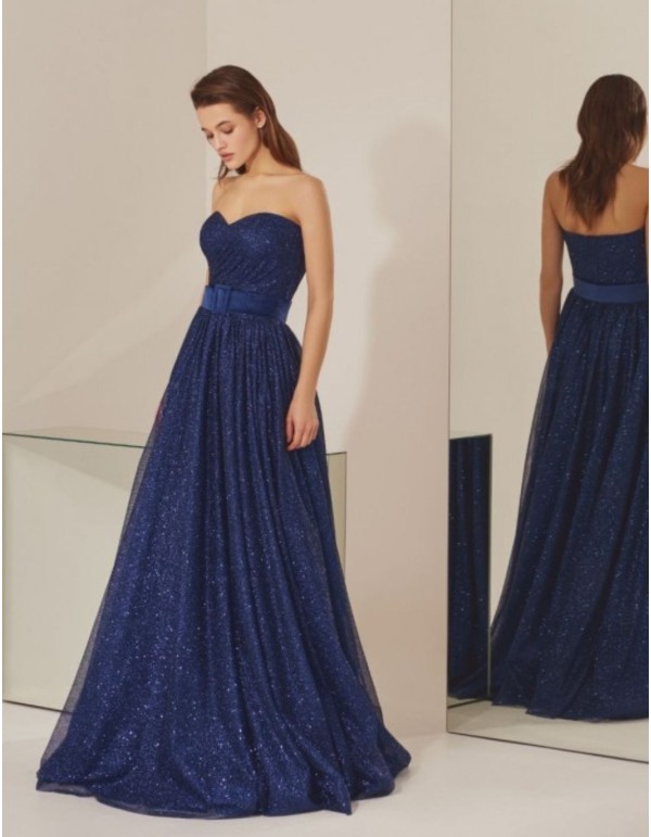Robe longue de soirée bleue sans bretelles avec paillettes