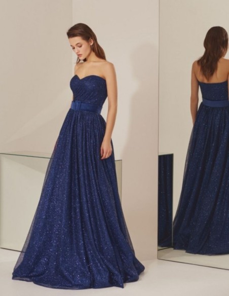 Robe longue de soirée bleue sans bretelles avec paillettes