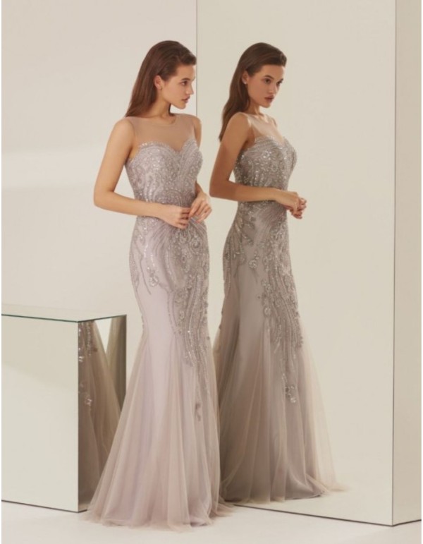 Long silver party dress with tulle and rhinestones