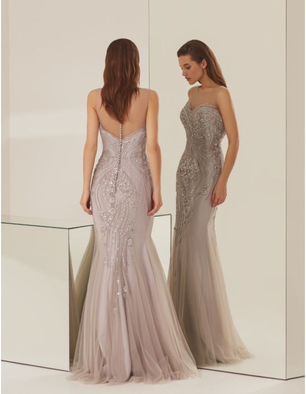 Robe longue de fête argentée avec tulle et strass 2