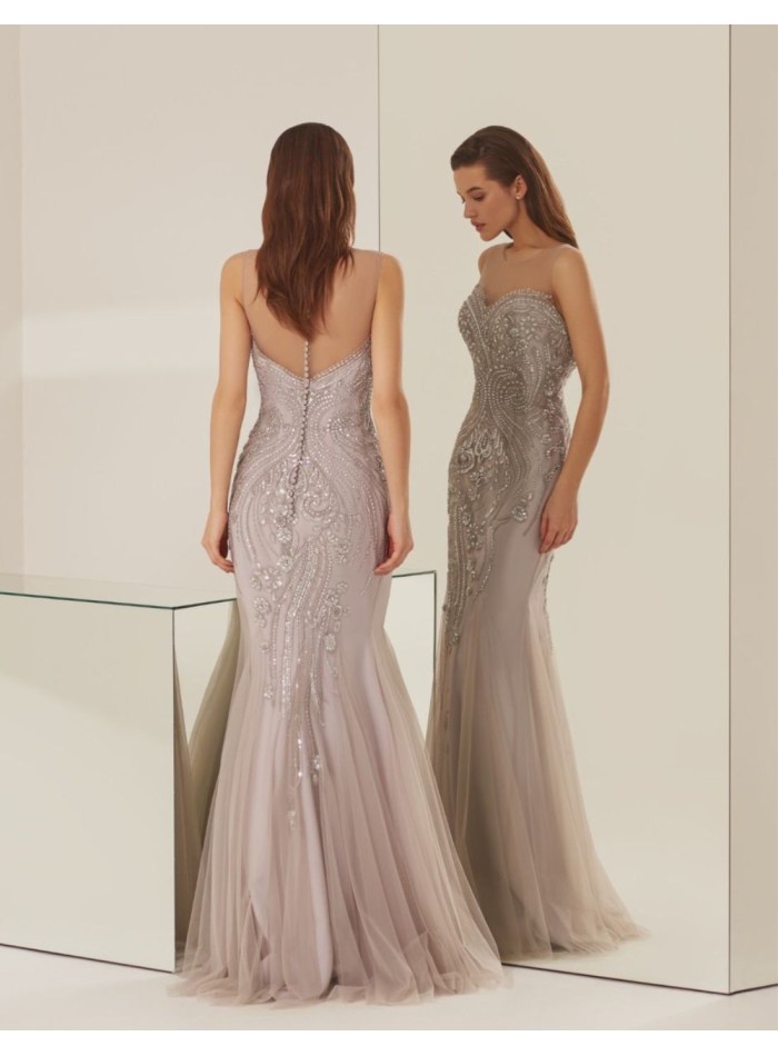 Robe longue de fête argentée avec tulle et strass