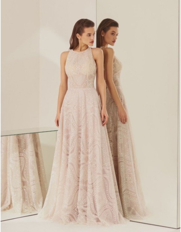 Vestido largo de fiesta con encaje brillo y espalda...