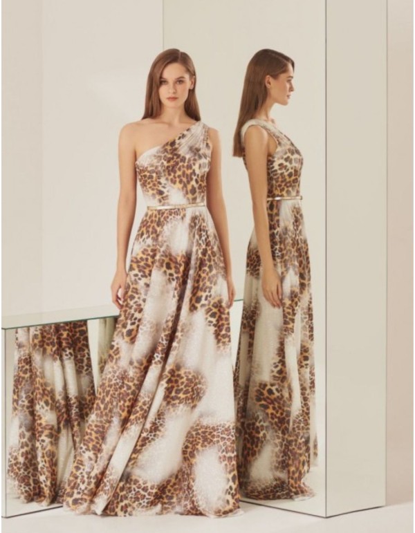 Vestido largo de fiesta animal print con escote asimétrico