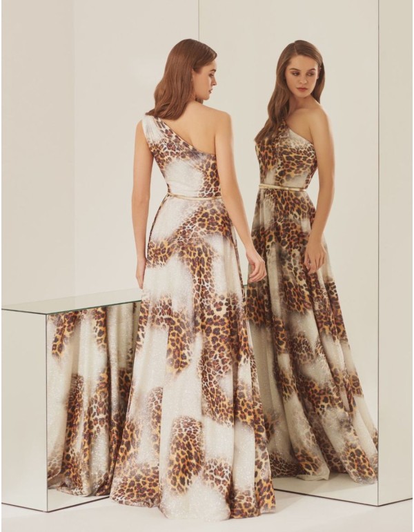 Long animal print party dress with asymmetrical neckline 2