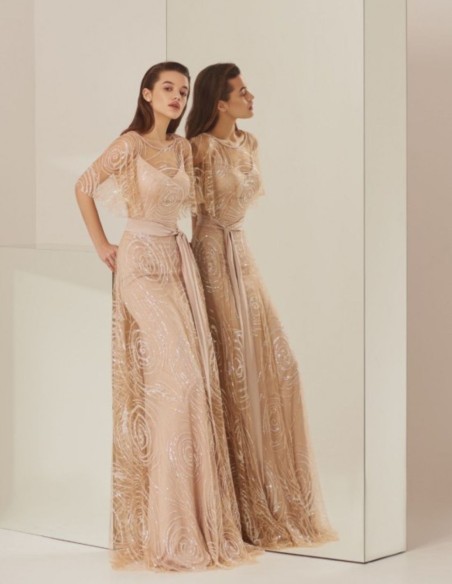 Vestido de fiesta largo nude con lentejuelas y cinturón